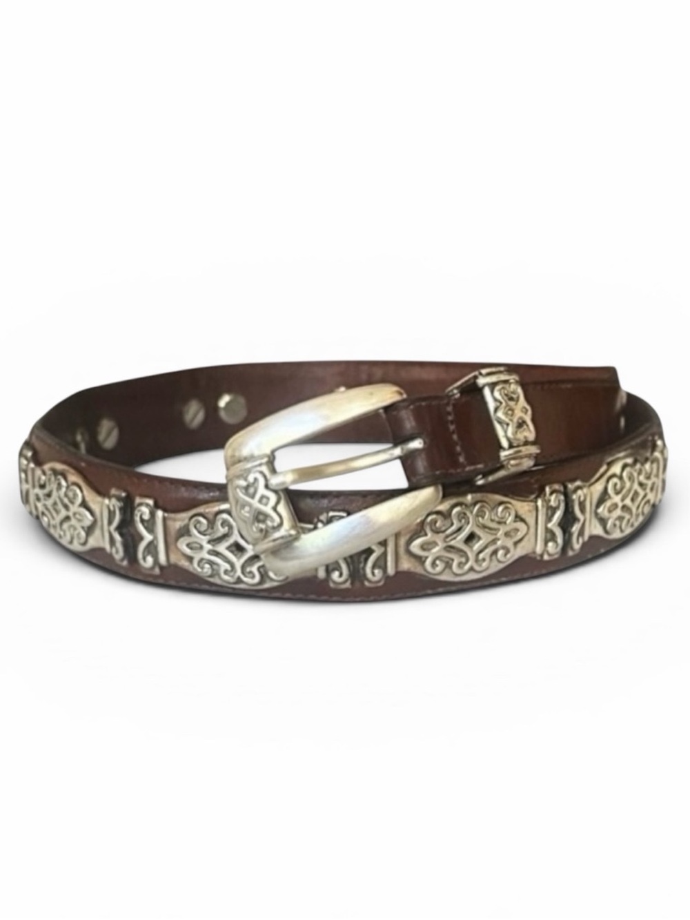 Brighton Vintage Dark Brown Leather Belt with Silver Ornate Accents
